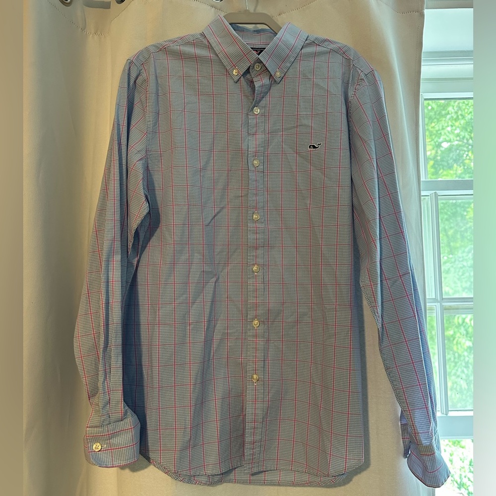 Vineyard Vines Men's Blue and Pink Plaid Shirt